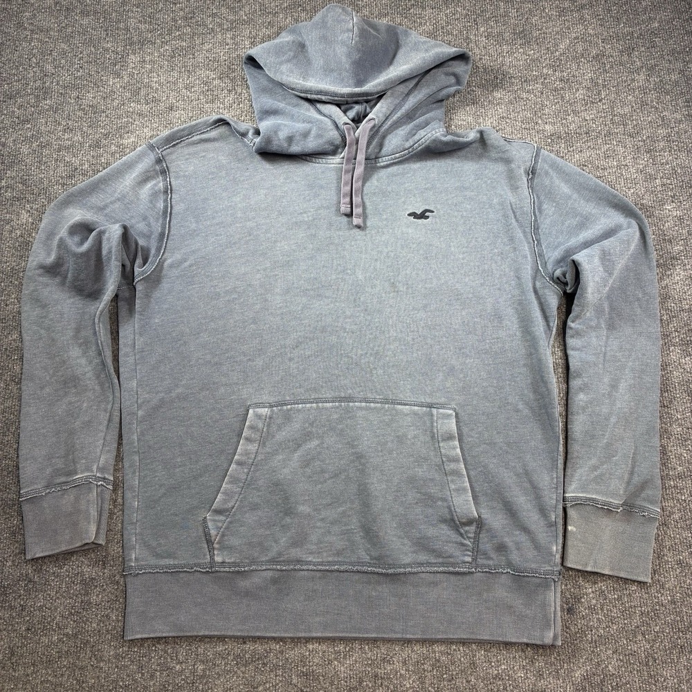 Hollister California Mens L Hoodie Blue Gray Washed Faded Pullover Logo